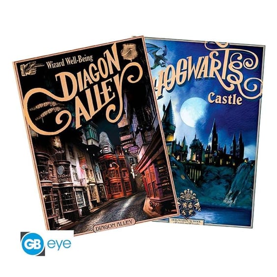 Набор постеров GB Eye: Chibi: Wizarding World: Harry Potter: Retro Posters: Hogwarts Castle and Diagon Alley, (60574)